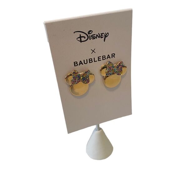 Disney Baublebar Minnie Mouse Gold Toned Studs W/ Multicolored Pave Crystals. - Picture 2 of 6